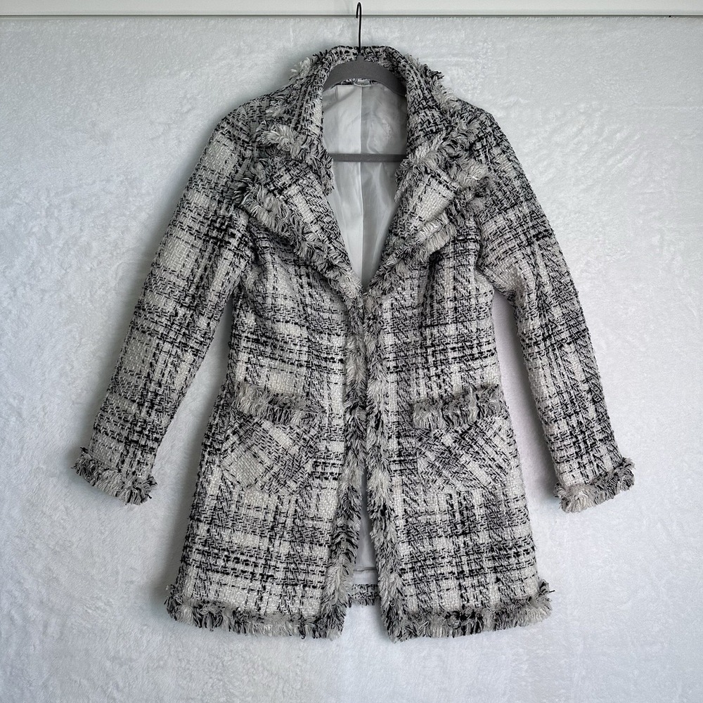 Grace Chuang NY Womens Jacket Coat S Black White Silver Thread‎ Fringe Tailored